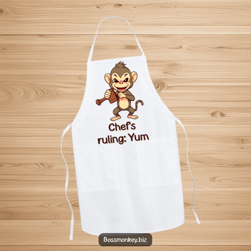 Funny Boss Monkey Gavel Apron: A bossy monkey dramatically slams a gavel, humorously overseeing kitchen duties.