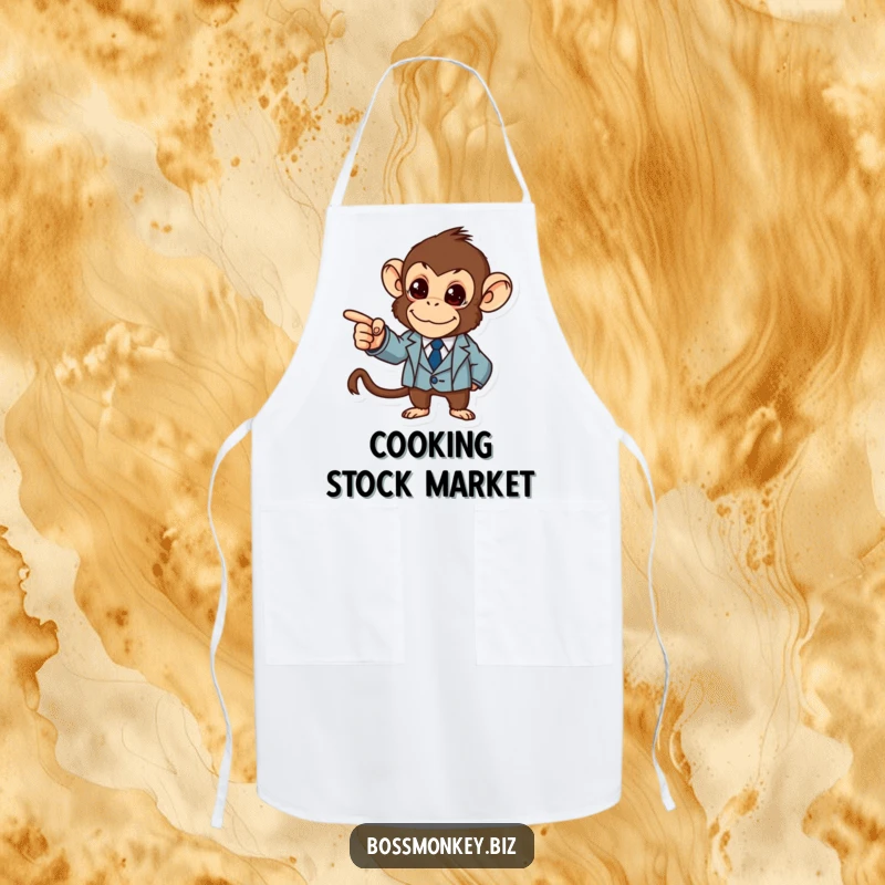Funny Business Monkey Apron: A determined monkey in a suit humorously points at a graph, ready to manage the kitchen with style and wit.
