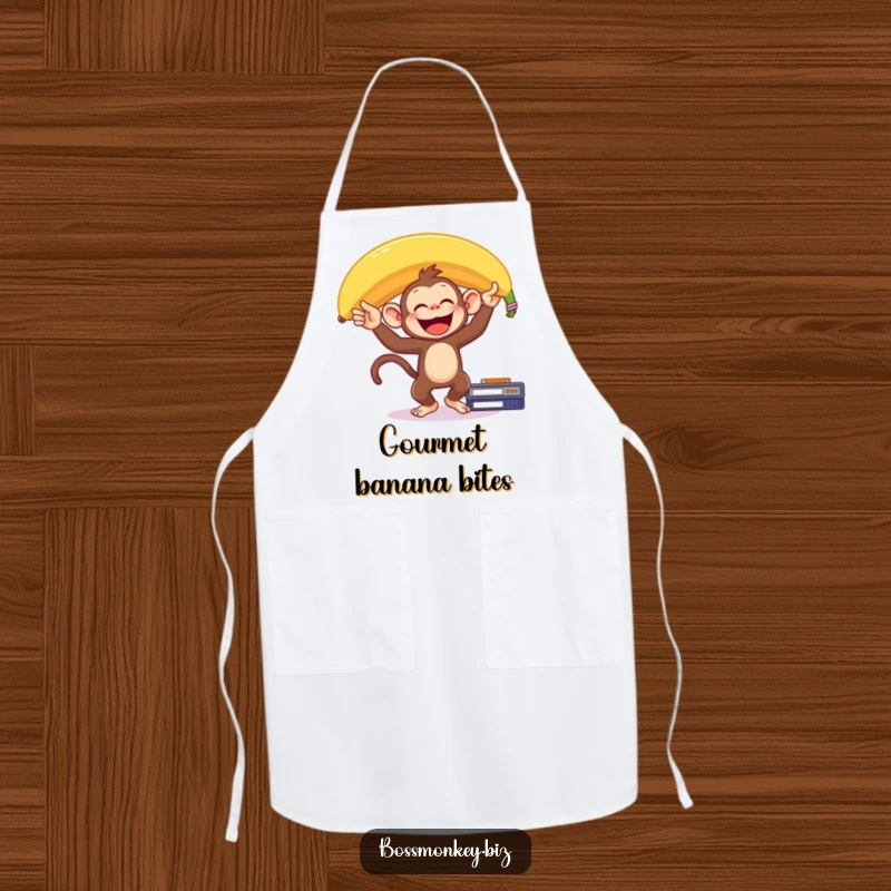 Funny Banana Monkey Apron: A delighted monkey balances a giant banana on its head on a desk, humorously presiding over kitchen tasks.