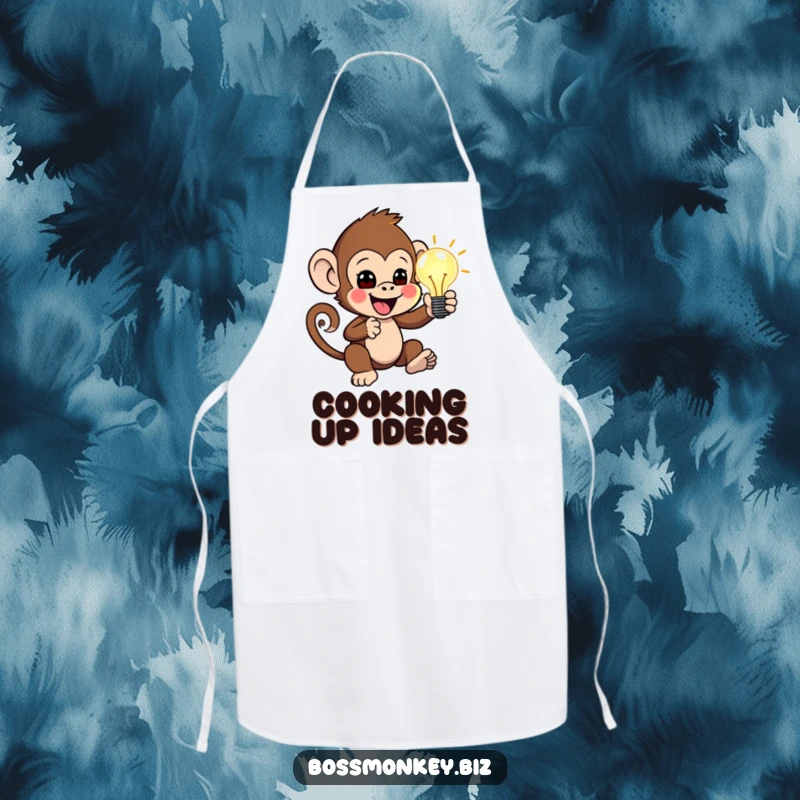 Funny Chef Idea Apron: Little monkey enthusiastically presenting a glowing idea lightbulb, humorous kitchen attire for creative cooks.