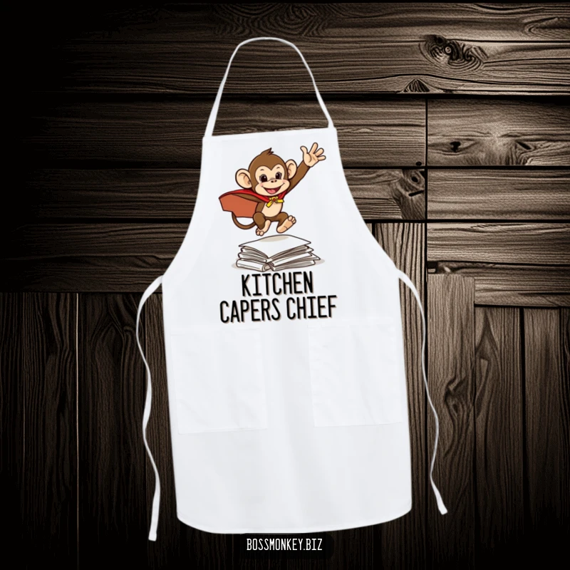 Funny Hero Monkey Apron: A mischievous monkey in a cape leaps over documents, humorously representing a kitchen superhero.