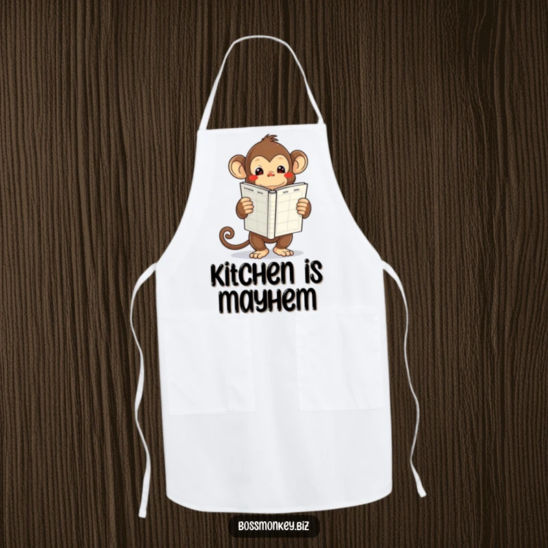 Funny kawaii monkey holding a large, empty schedule book, looking overwhelmed, a funny apron for busy cooks.
