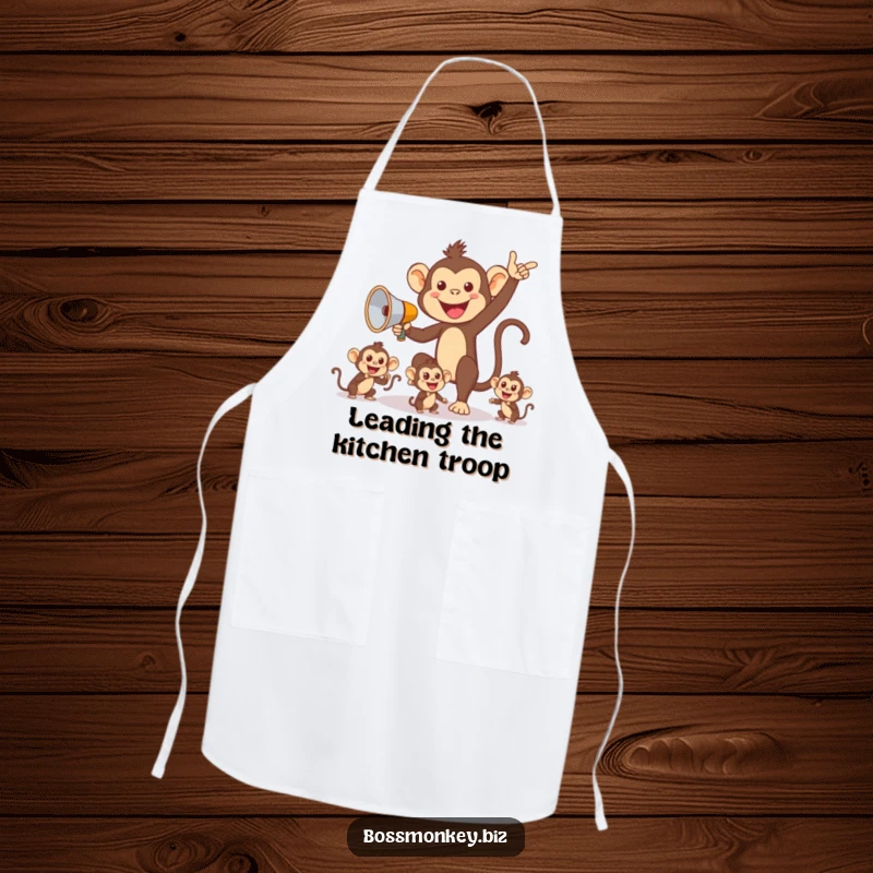 Funny Monkey Chef Apron: Cheerful monkey with megaphone directing smaller monkeys, showcasing humorous kitchen command.