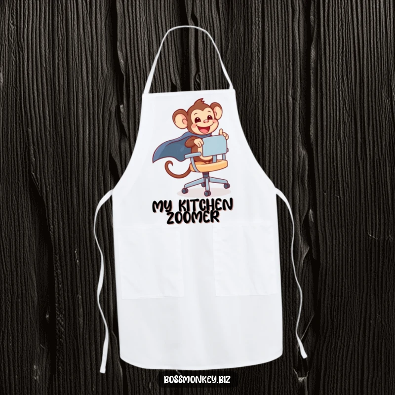 Funny kawaii monkey gleefully riding a rolling office chair with a cape, a funny apron for playful cooks.