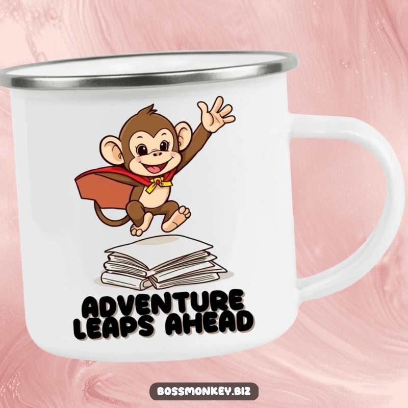 Funny Hero Monkey Camping Mug: A mischievous monkey in a cape leaps over documents, humorously ready for any adventure.