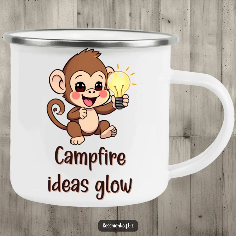 Funny Idea Camp Mug: Little monkey enthusiastically presenting a glowing idea lightbulb, humorous and durable camping mug.