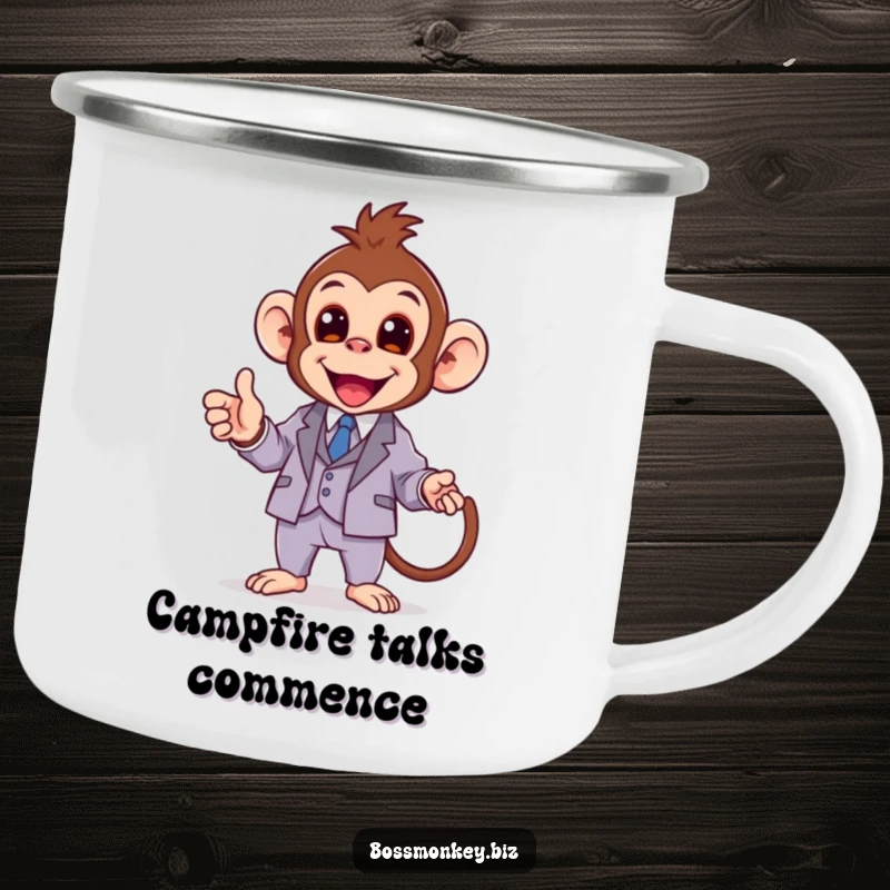 Funny kawaii monkey in a miniature suit enthusiastically giving a presentation, a sturdy and funny camping mug.