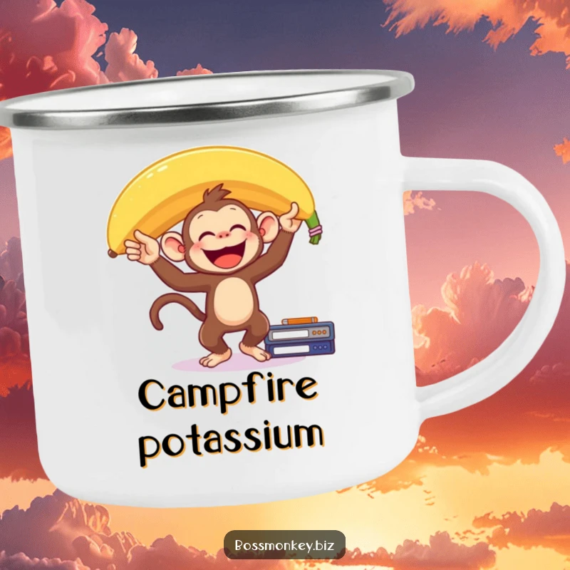 Funny Banana Monkey Camping Mug: A delighted monkey balances a giant banana on its head on a desk, humorously ready for adventures.