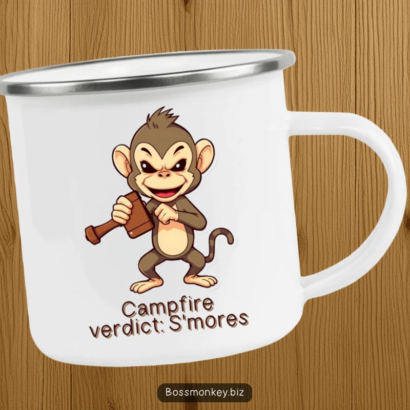 Funny Boss Monkey Gavel Camping Mug: A bossy monkey slams a miniature gavel, bringing humorous authority to outdoor adventures.