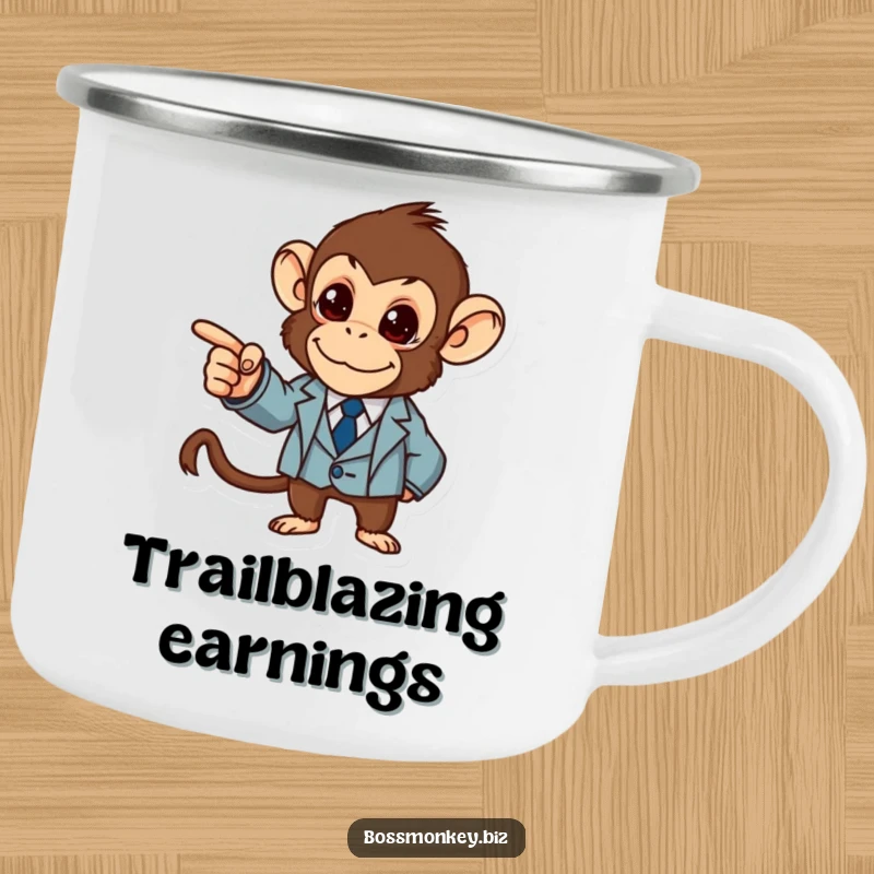Funny Business Monkey Camping Mug: A determined monkey in a suit points at a graph, ready for adventure and strategic planning humorously.