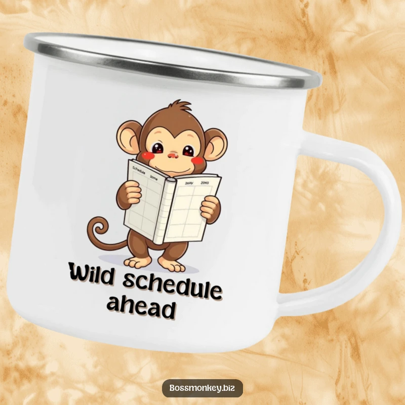 Funny kawaii monkey holding a large, empty schedule book, looking overwhelmed, a rugged and funny camping mug.