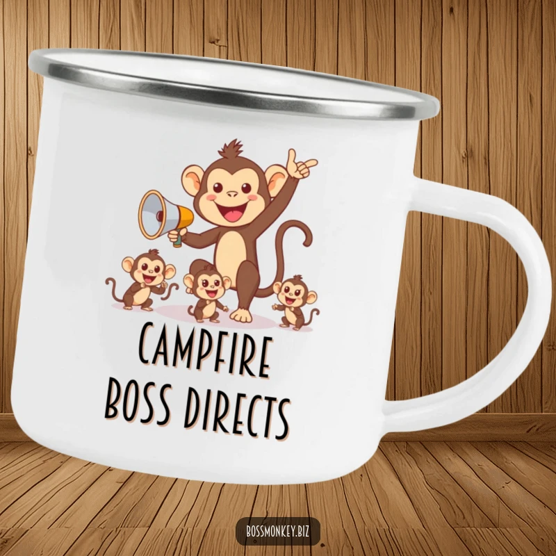 Funny Monkey Outdoors Mug: Cheerful monkey with megaphone directing smaller monkeys, humorous camping companion.