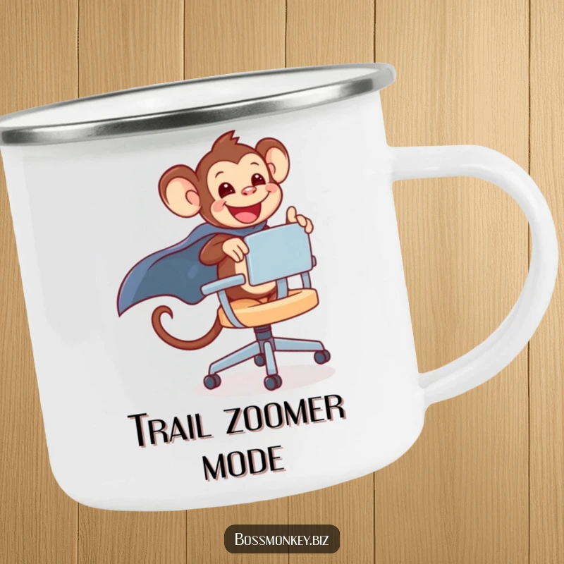Funny kawaii monkey gleefully riding a rolling office chair with a cape, a rugged and funny camping mug.