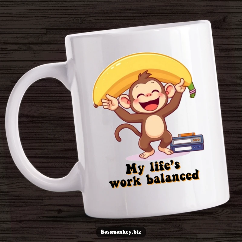 Funny Banana Monkey Mug: A delighted monkey balances a giant banana on its head while standing precariously on a desk, evoking humor.