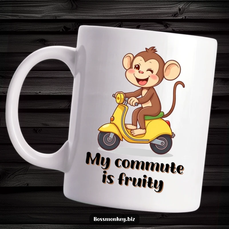 Funny Banana Scooter Monkey Mug: Playful monkey gleefully riding a banana like a scooter, conveying pure joy.
