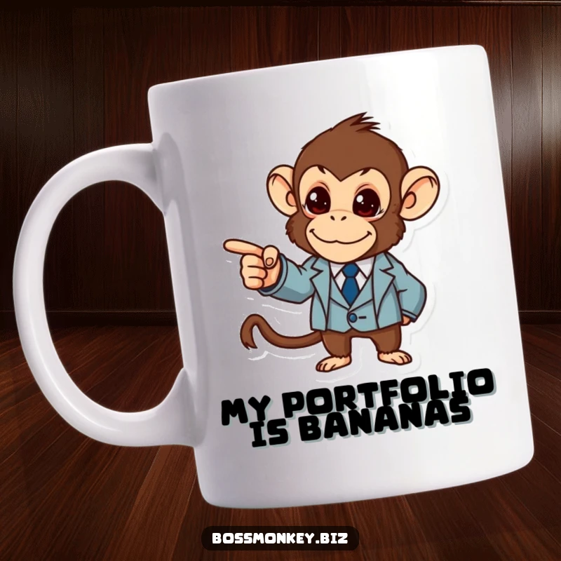 Funny Business Monkey Mug: A determined monkey in a tiny suit points authoritatively at a rising graph, symbolizing business success with humor.