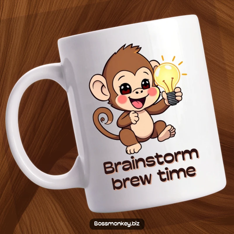Funny Idea Monkey Mug: Little monkey enthusiastically presenting a glowing idea lightbulb, symbolizing brilliant inspiration.