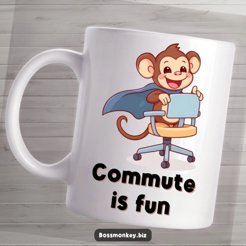Funny kawaii monkey gleefully riding a rolling office chair with a cape, a mug for office fun.