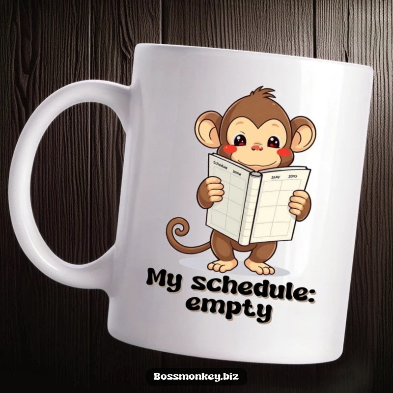Funny kawaii monkey holding a large, empty schedule book, looking overwhelmed, a mug for busy people.
