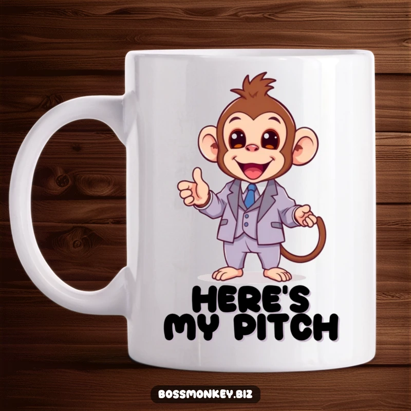 Funny kawaii monkey in a miniature suit enthusiastically giving a presentation, a mug for engaging speakers.