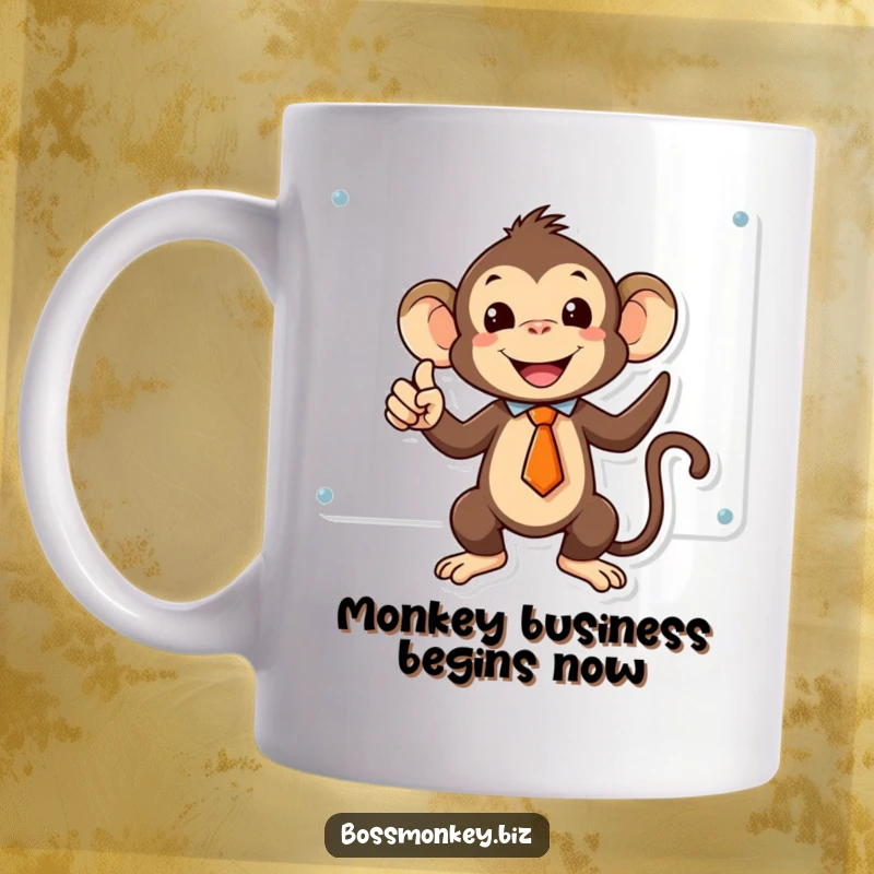 Funny kawaii monkey in a tiny tie triumphantly pointing at a whiteboard, perfect for office humor mugs.