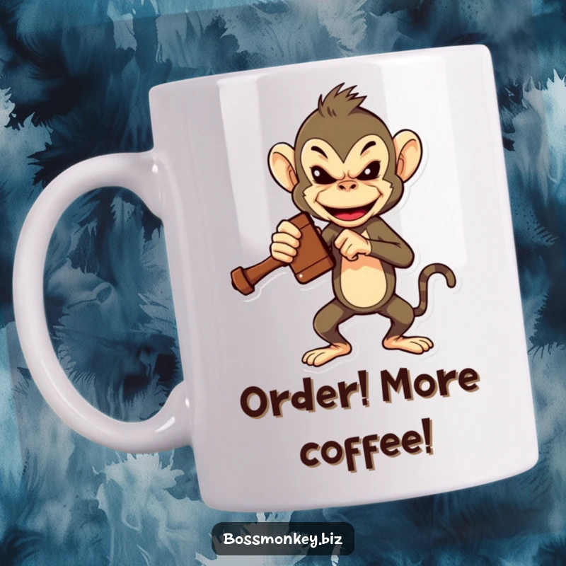 Funny Boss Monkey Gavel Mug: A bossy monkey dramatically slams a tiny gavel, demanding attention with humorous authority.