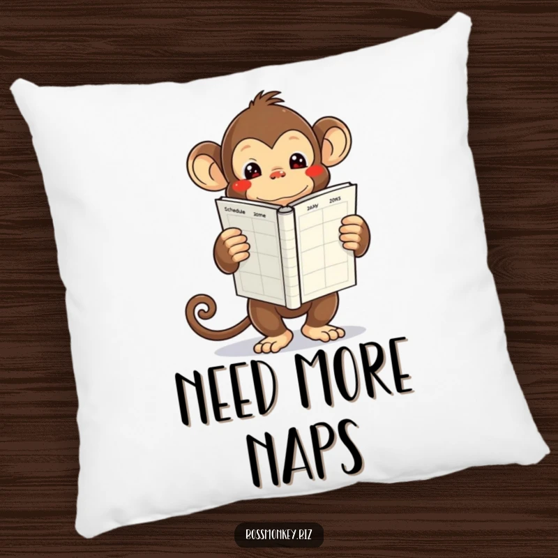 Funny kawaii monkey holding a large, empty schedule book, looking overwhelmed, a soft and funny pillow.