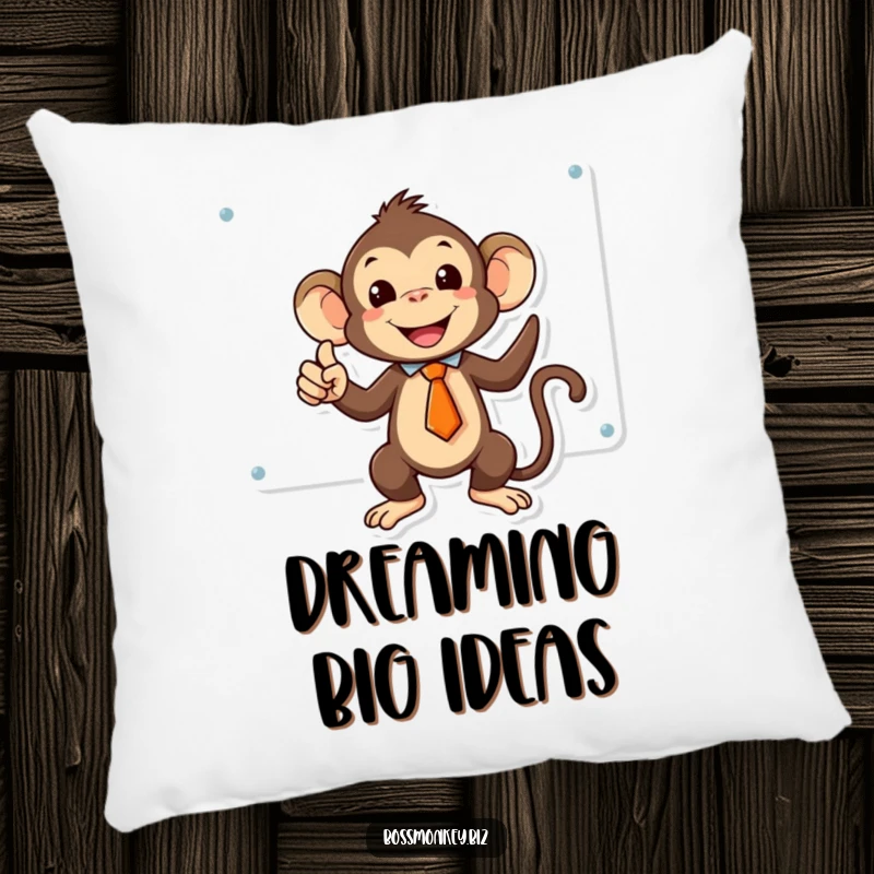 Funny kawaii monkey in a tiny tie triumphantly pointing at a whiteboard, a decorative and funny pillow.