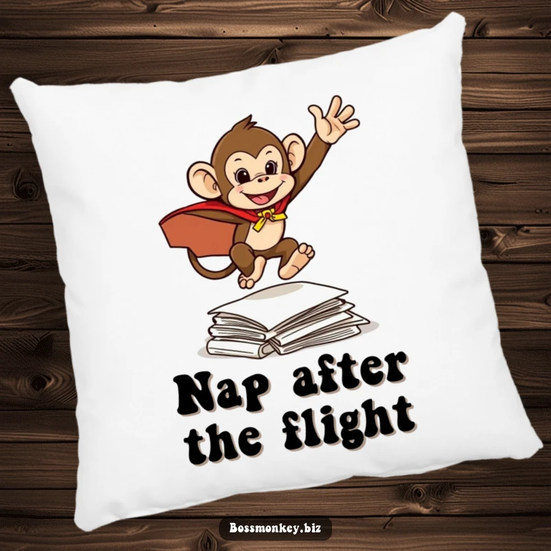 Funny Hero Monkey Pillow: A mischievous monkey in a cape leaps over documents, offering humorous comfort and a heroic touch.