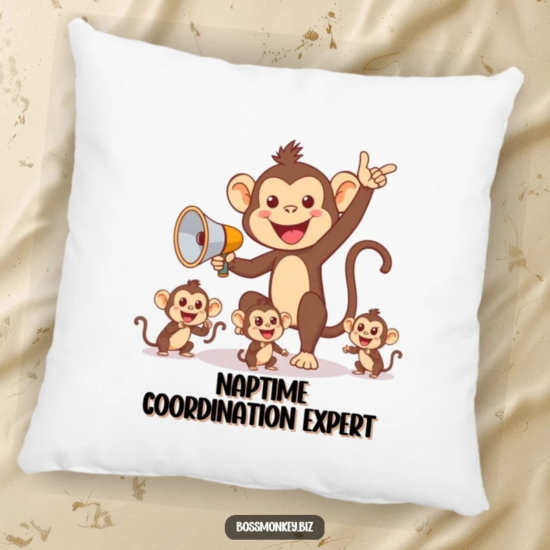 Funny Monkey Boss Pillow: Cheerful monkey with megaphone directing smaller monkeys, a humorous and comfortable decor item.