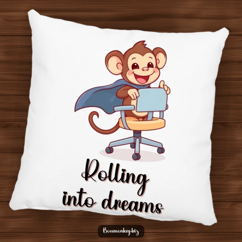Funny kawaii monkey gleefully riding a rolling office chair with a cape, a decorative and funny pillow.