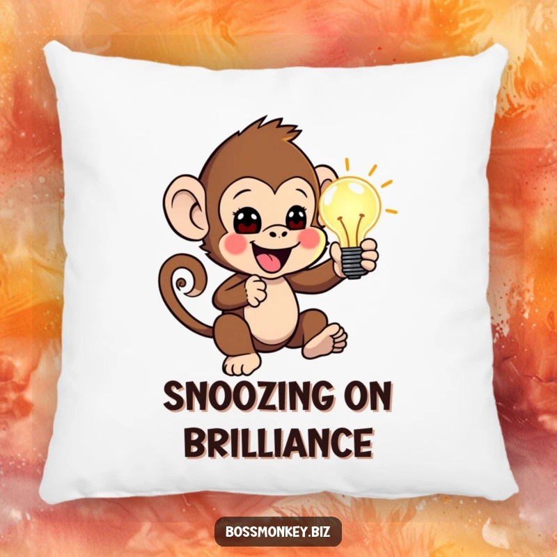Funny Idea Monkey Pillow: Little monkey enthusiastically presenting a glowing idea lightbulb, a humorous and cozy decor item.