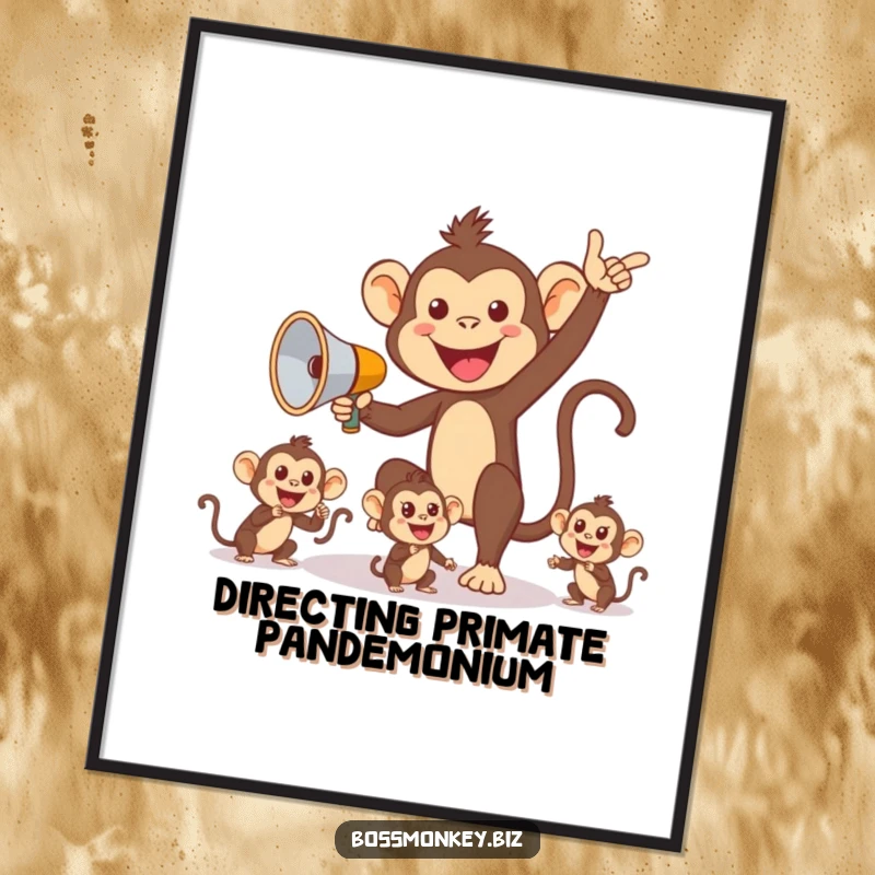 Funny Monkey Leadership Print: Cheerful monkey with megaphone directing smaller monkeys, humorous wall art depicting leadership.