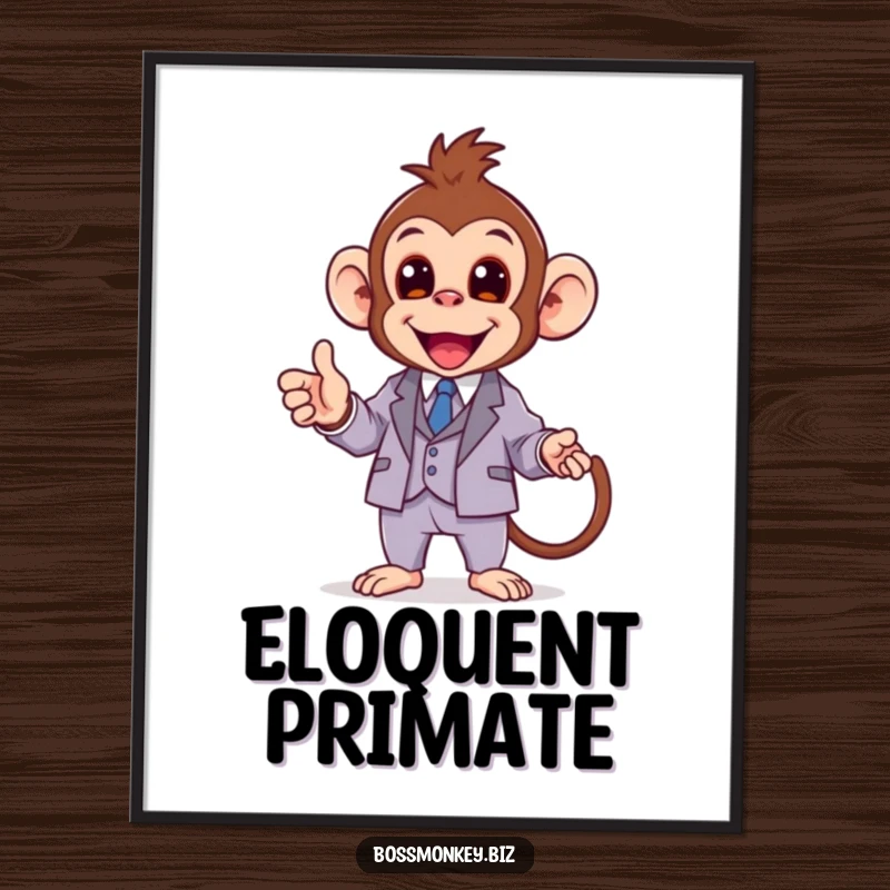 Funny kawaii monkey in a miniature suit enthusiastically giving a presentation, downloadable funny art for instant decor.