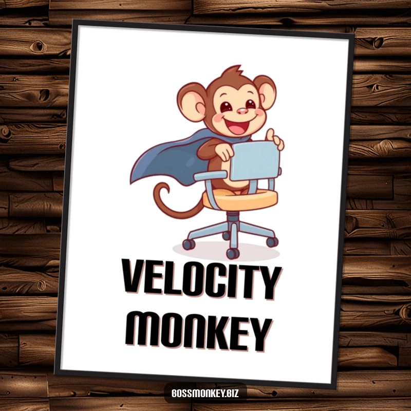 Funny kawaii monkey gleefully riding a rolling office chair with a cape, downloadable funny art for playful spaces.