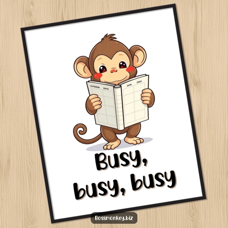 Funny kawaii monkey holding a large, empty schedule book, looking overwhelmed, downloadable funny art for busy spaces.