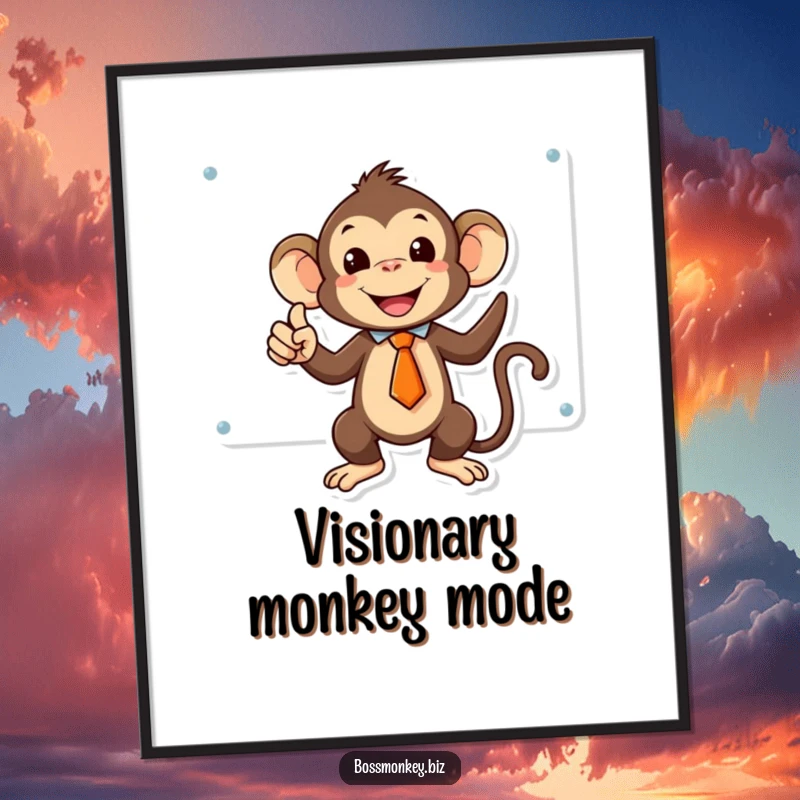 Funny kawaii monkey in a tiny tie triumphantly pointing at a whiteboard, downloadable and printable funny art.