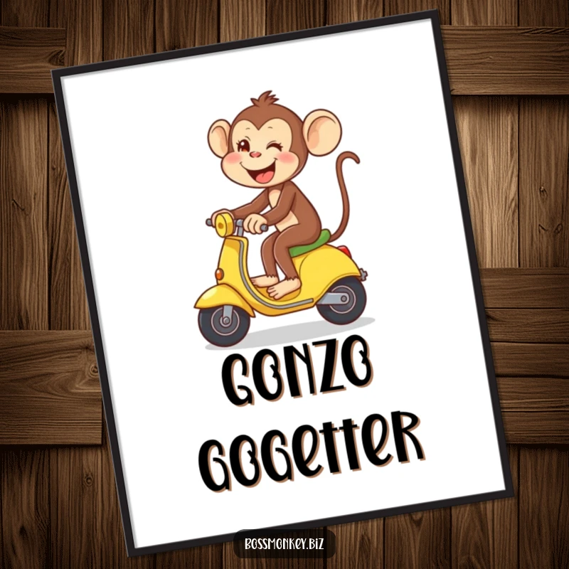 Funny Banana Ride Print: Playful monkey gleefully riding a banana like a scooter, humorous and cheerful wall art.