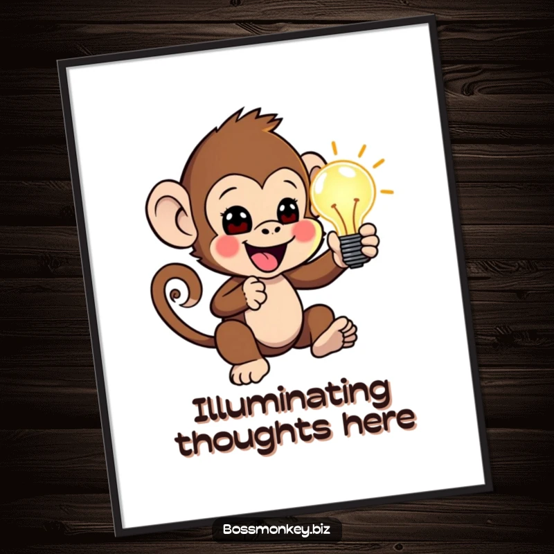 Funny Lightbulb Moment Print: Little monkey enthusiastically presenting a glowing idea lightbulb, humorous wall art for inspiration.