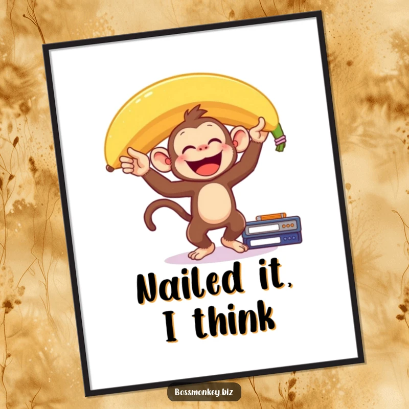 Funny Banana Monkey Digital Art: A delighted monkey balances a giant banana on its head on a desk, depicting a humorous, joyful moment.