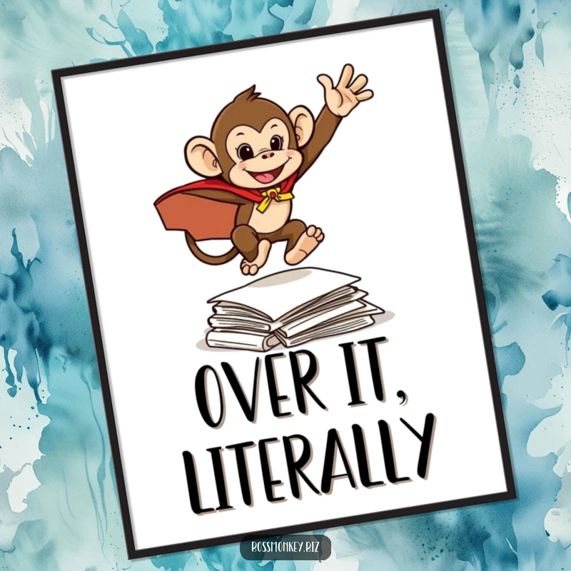 Funny Hero Monkey Digital Art: A mischievous monkey in a cape leaps over documents, capturing heroic action with humorous flair.
