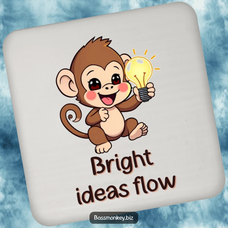 Funny Idea Coaster Set: Little monkey enthusiastically presenting a glowing idea lightbulb, humorous coasters for drink protection.
