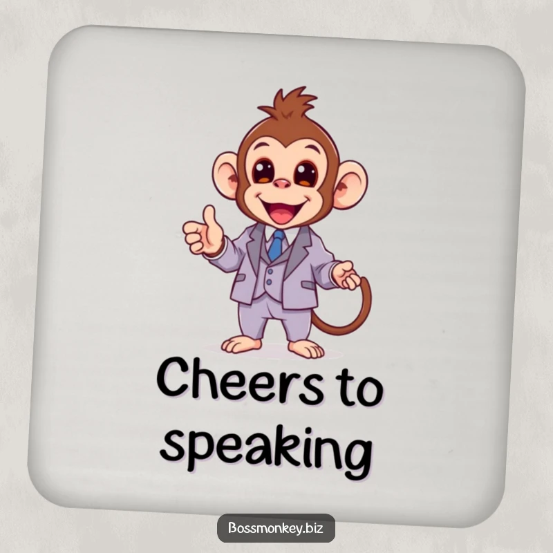 Funny kawaii monkey in a miniature suit enthusiastically giving a presentation, a protective and funny drink coaster.