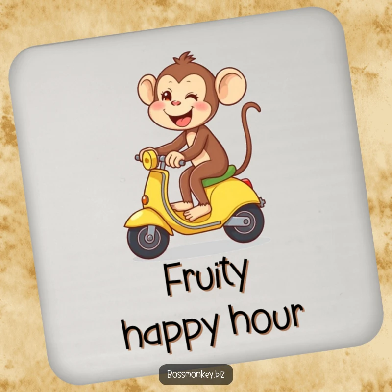 Funny Banana Coaster Set: Playful monkey gleefully riding a banana like a scooter, humorous coasters for drink protection.