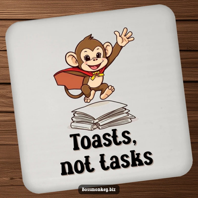 Funny Hero Monkey Coaster: A mischievous monkey in a cape leaps over documents, humorously protecting surfaces.