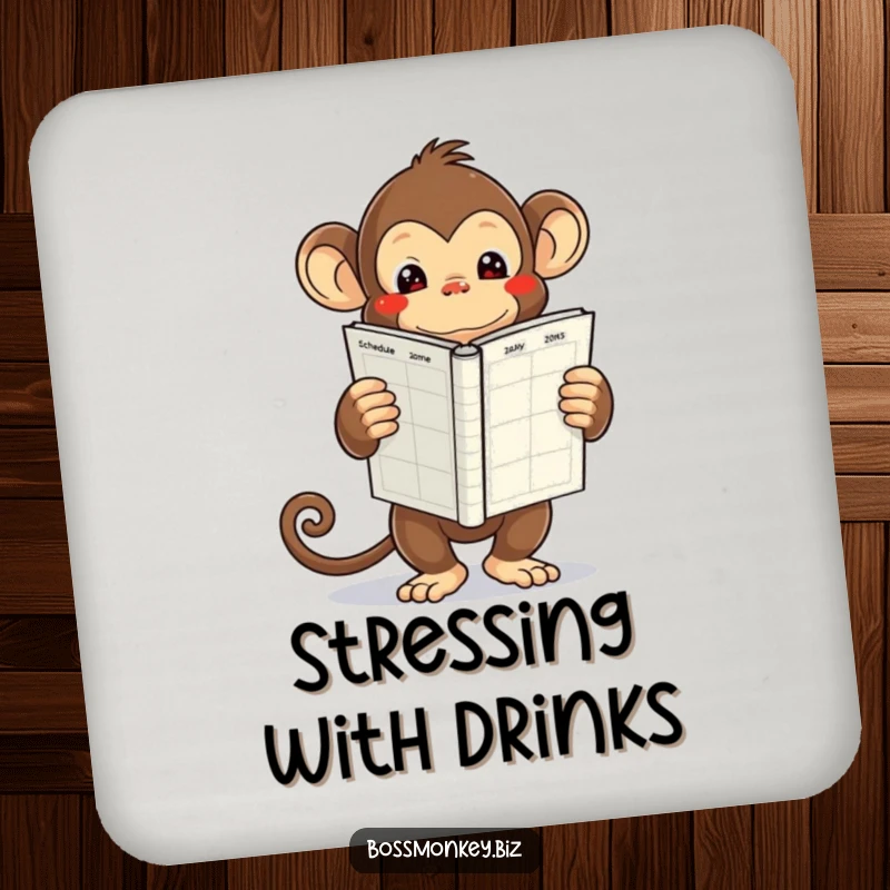 Funny kawaii monkey holding a large, empty schedule book, looking overwhelmed, a protective and funny drink coaster.
