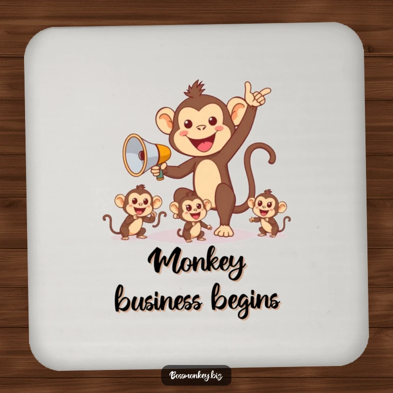 Funny Monkey Coaster Set: Cheerful monkey with megaphone directing smaller monkeys, humorous drink coasters for table protection.
