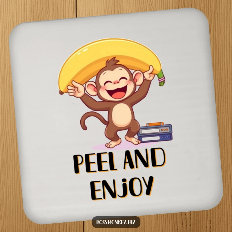 Funny Banana Monkey Coaster: A delighted monkey balances a giant banana on its head on a desk, humorously protecting surfaces.