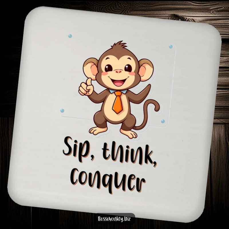 Funny kawaii monkey in a tiny tie triumphantly pointing at a whiteboard, a protective and funny drink coaster.