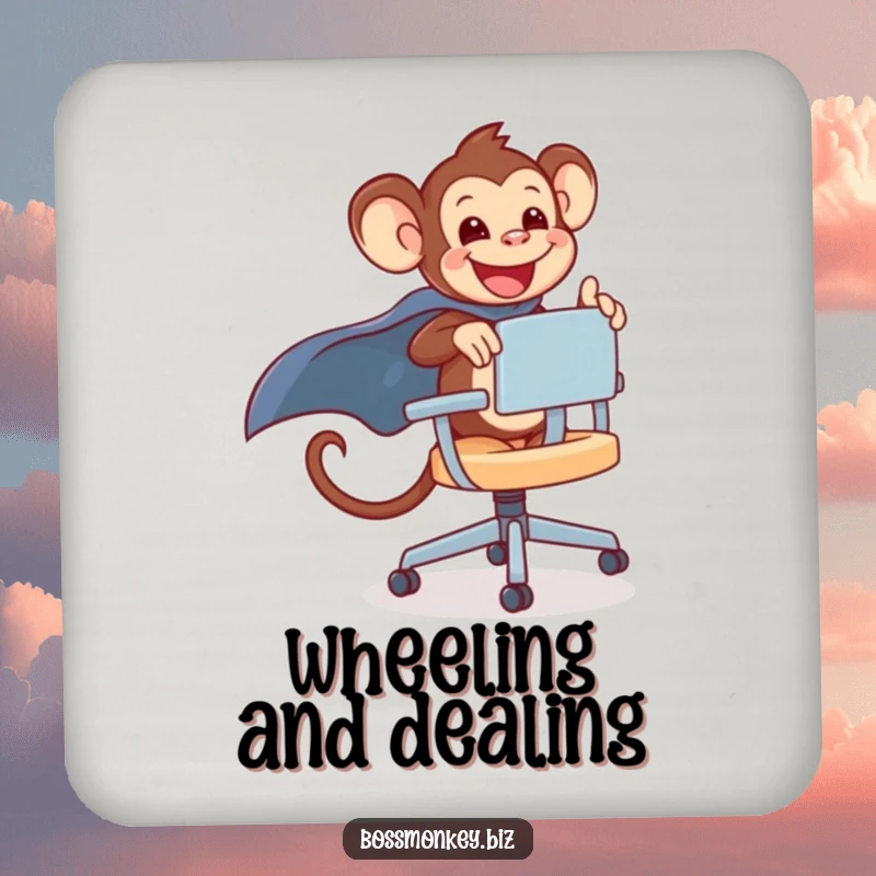 Funny kawaii monkey gleefully riding a rolling office chair with a cape, a protective and funny drink coaster.